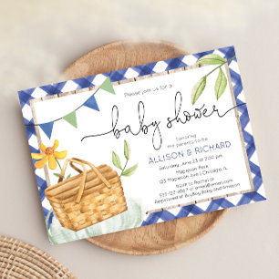 Convite Picnic chá de fraldas de gingham azul no parque