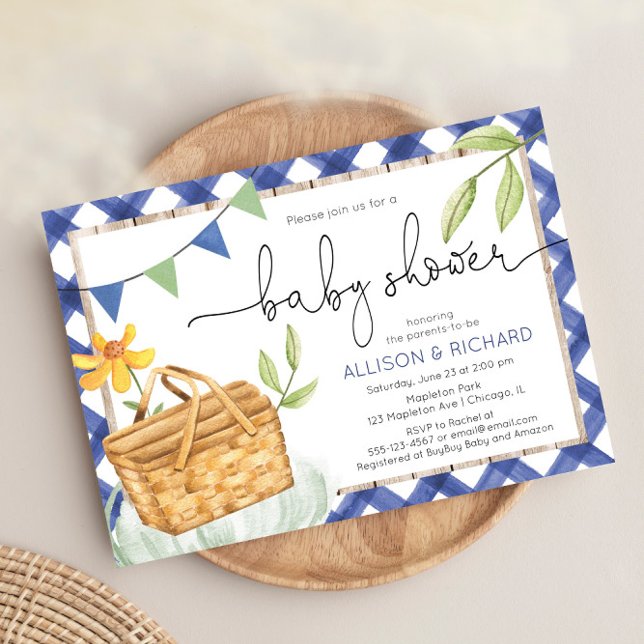 Convite Picnic chá de fraldas de gingham azul no parque (Criador carregado)