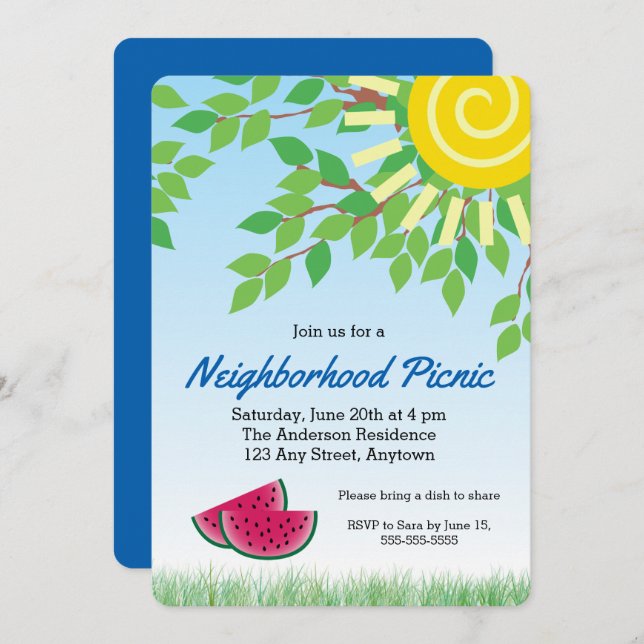 Convite Picnic da vizinhança convidado com melancia e sol (Frente/Verso)