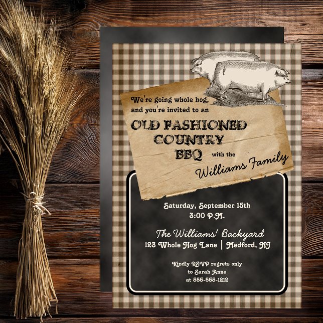 Convite Picnic de CHURRASCO de cozinha do quintal de porco (Rustic Pigs | Swine Pork Pig Roast Backyard Cookout BBQ Picnic Invitation - Print | Download)