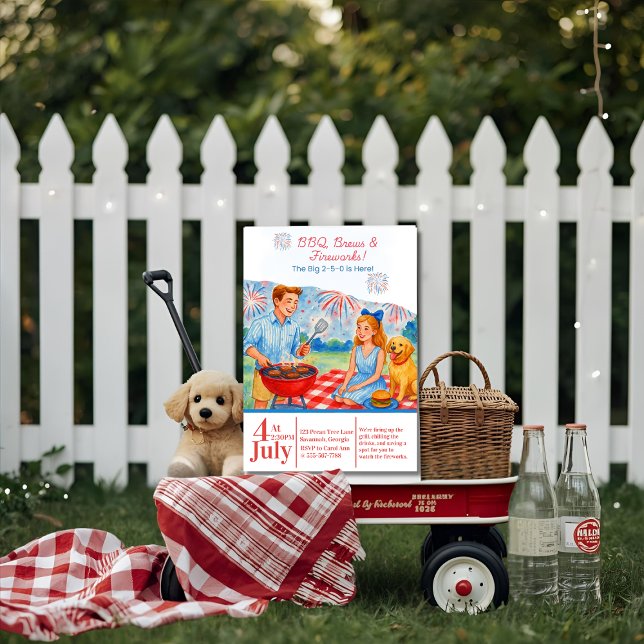 Convite Picnic do Retro CHURRASCO Brews Fireworks 4 de jul (Retro BBQ Brews Fireworks Picnic 4th of July 250th Invitation)