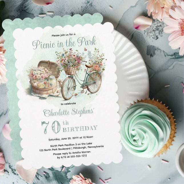 Convite Picnic na Festa de aniversário de 70 Floral de Par (Mint Green Floral Bicycle and Picnic Basket "Picnic in the Park" 70th Birthday Party Invitation)
