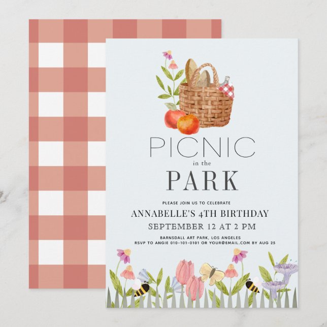 Convite Picnic no Park Basket Floral Birthday (Frente/Verso)