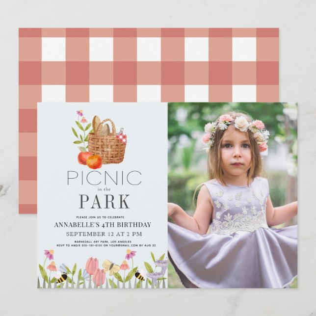 Convite Picnic no Park Basket Floral Birthday Photo (Frente/Verso)