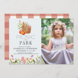 Convite Picnic no Park Basket Floral Birthday Photo