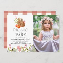 Convite Picnic no Park Basket Floral Birthday Photo In