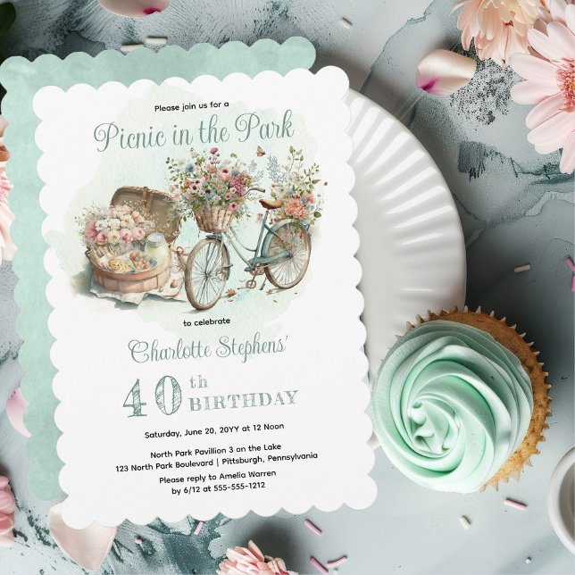 Convite Picnic no partido Park Floral aniversário de 40 an (Mint Green Floral Bicycle and Picnic Basket "Picnic in the Park" 40th Birthday Party Invitation)