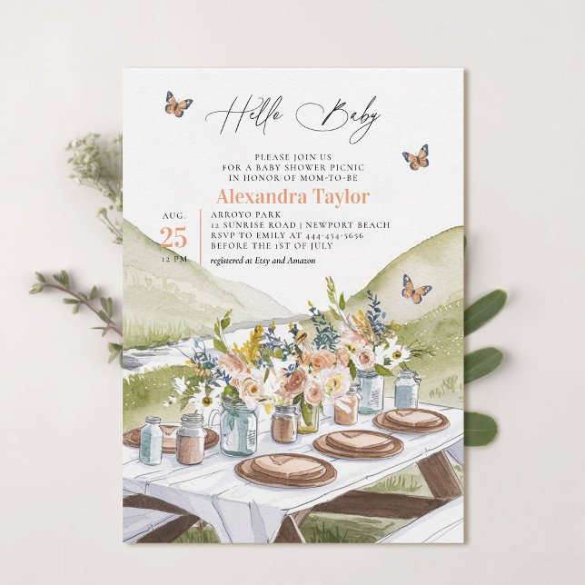 Convite Picnic Peach Flores Selvagens Chá de fraldas de Bo (picnic baby shower invitation park summer watercolor butterflies cute fun casual classy neutral)