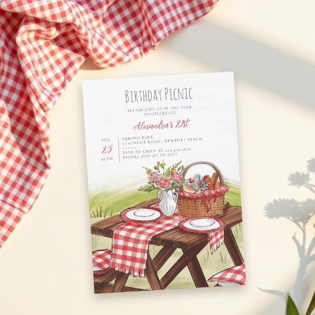 Convite Picnic Table Basket Summer Red 21st Birthday  (birthday picnic invitation personalized red gingham watercolor park backyard party lawn casual chic)