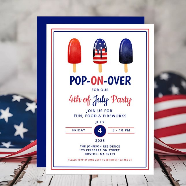 Convite Picolé Branco Vermelho E Azul 4 De Julho (Red White And Blue Popsicle 4th Of July Invitation)