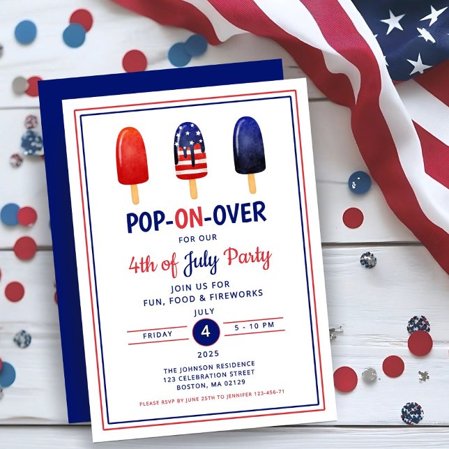 Convite Picolé Branco Vermelho E Azul 4 De Julho (Red White And Blue Popsicle 4th Of July Invitation ()