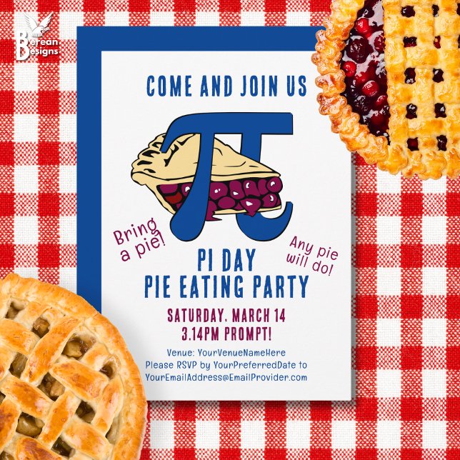 Convite Pie Eating PI DAY Party (Fun PI DAY party invitation featuring cherry pie and PI math symbol. Matching party supplies.)