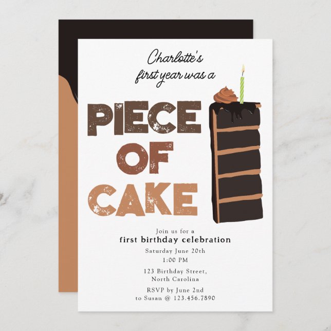 Convite Piece of Cake Invite 1st  First Birthday Cute (Frente/Verso)