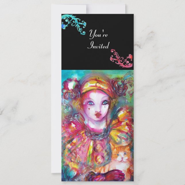 Convite PIERROT COM GATO / Festa de Mardi Gras com Máscara (Frente)