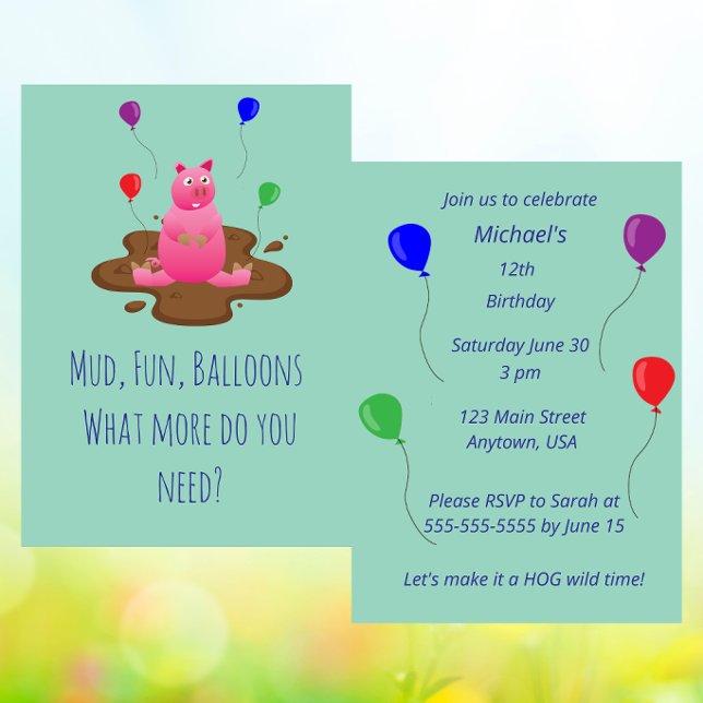 Convite Pig Party Invitation – Mud Fun & Balloons (Criador carregado)