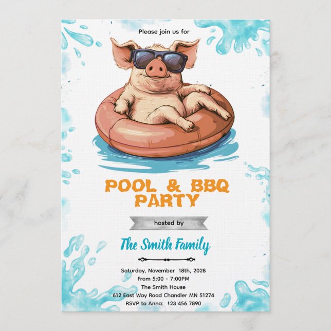 Convite Pig Pool and bbq Party Invitation (Frente)