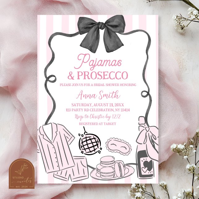 Convite Pijamas Cor-de-Rosa e Prosecco Desenhados à Mão Ca (Criador carregado)