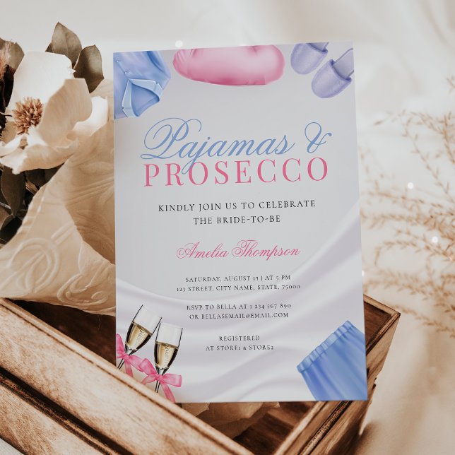 Convite Pijamas e Festa de solteira Prosecco (Pajamas and Prosecco Bachelorette Party, PJs and Prosecco Pajama Party Bachelorette Invitation)
