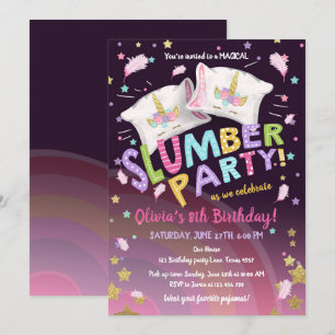 Convite Pijamas Sleepover Magical Unicórnio do Partido do