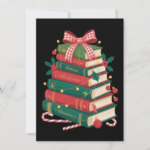 Convite Pilha de Livros de Natal Laço de Azevinho Fita Lei