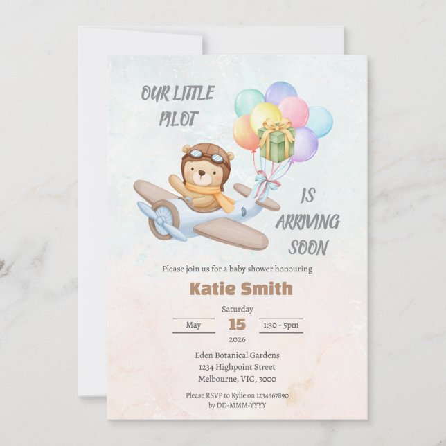 Convite Pilot Teddy Bear Baby Shower Invitation (Frente)