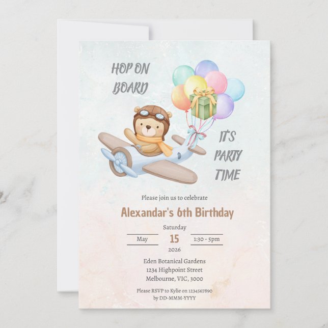 Convite Pilot Teddy Bear Birthday Invitation (Frente)