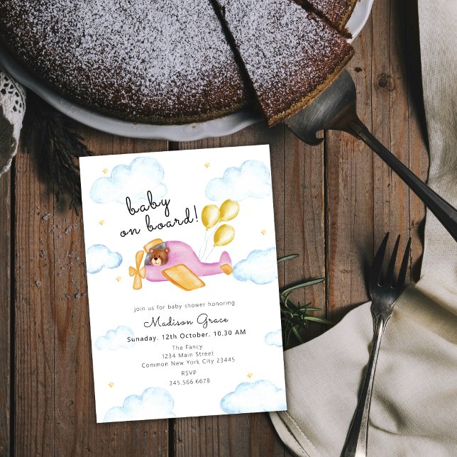 Convite Piloto de Chá de fraldas de avião para balões de U (Pilot Teddy Bear Balloon Airplane Baby Shower Invitation)