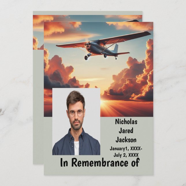 Convite Piloto de serviço de memória Avião voando Sunset (Frente/Verso)