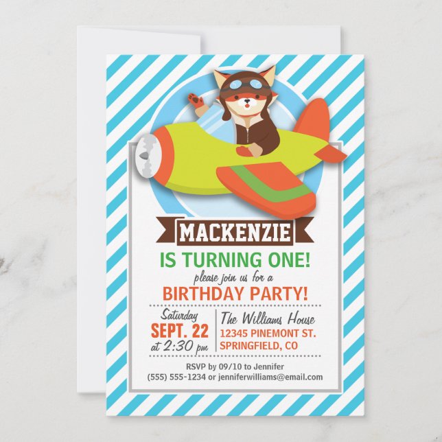 Convite Piloto Fox em Avião Verde & Laranja; Blue Strips (Frente)