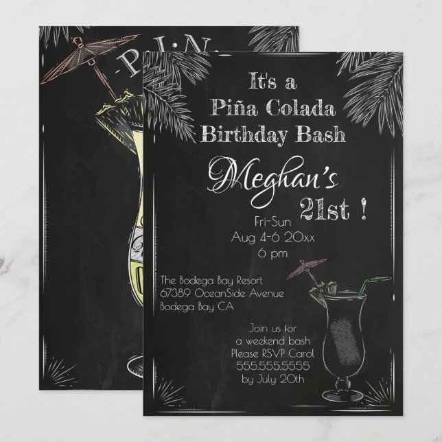Convite Piña Colada Cocktail aniversário de 21 anos (Frente/Verso)