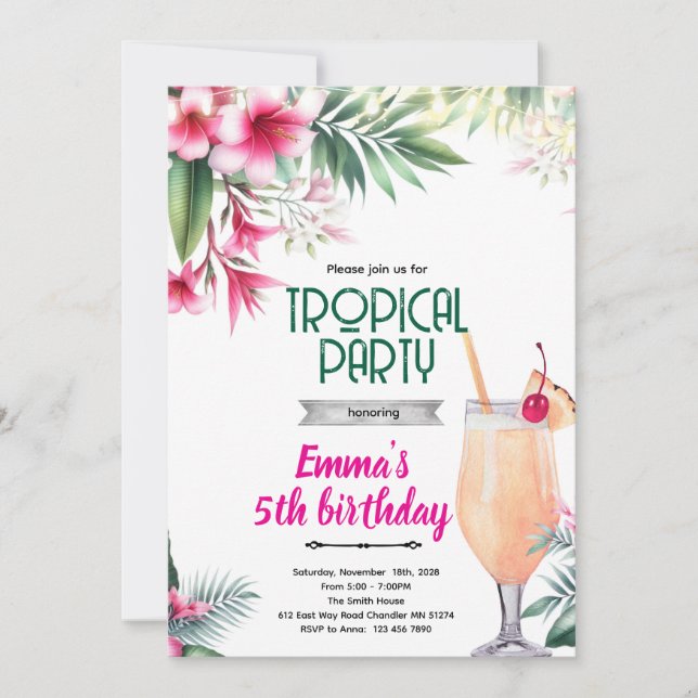 Convite Piña Colada tropical party Invitation  (Frente)