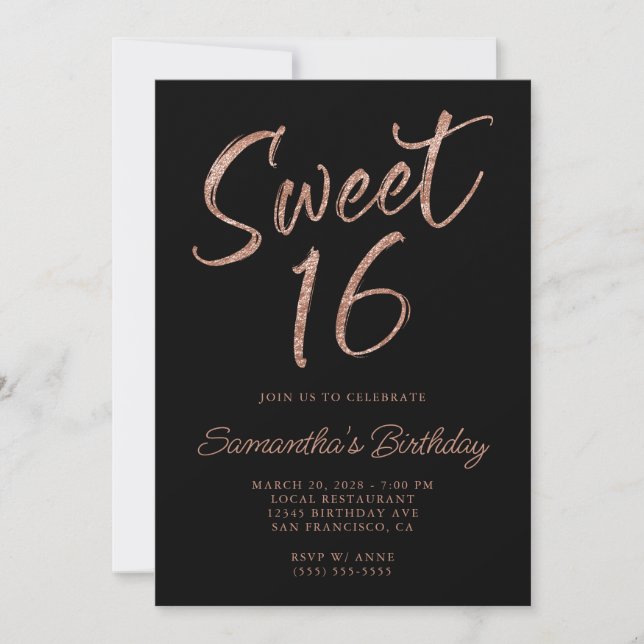 Convite Pincel de Glitter em Rose Gold Script Sweet 16 Pre (Frente)