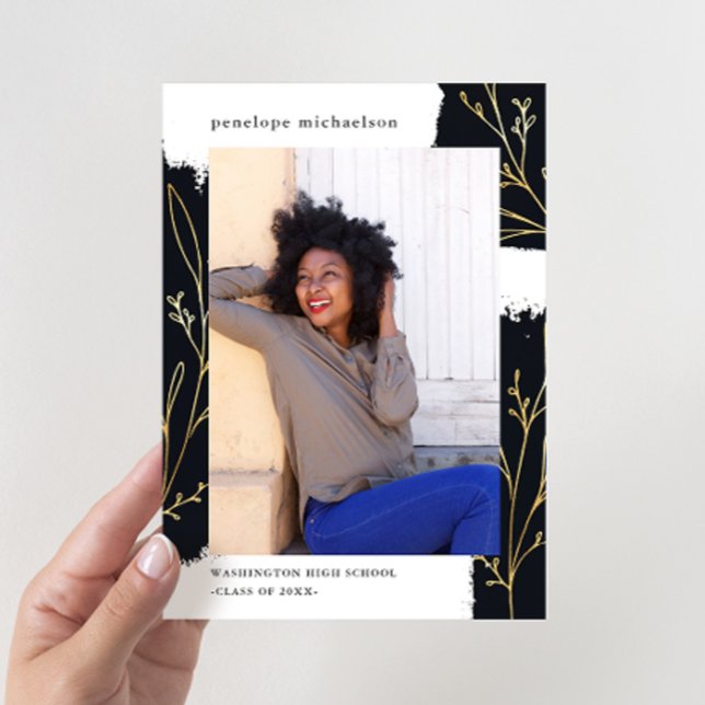 Convite Pincel Preto com Graduação Botânica Dourada Faux (Criador carregado)