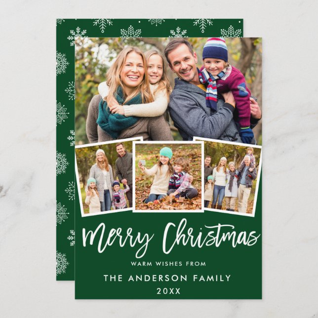 Convite Pincel Script 4 Foto Green Merry Christmas Card SB (Frente/Verso)