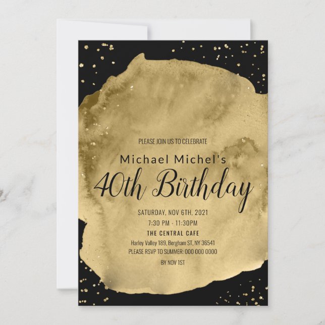 Convite Pincelada de aquarela dourada em preto (Frente)