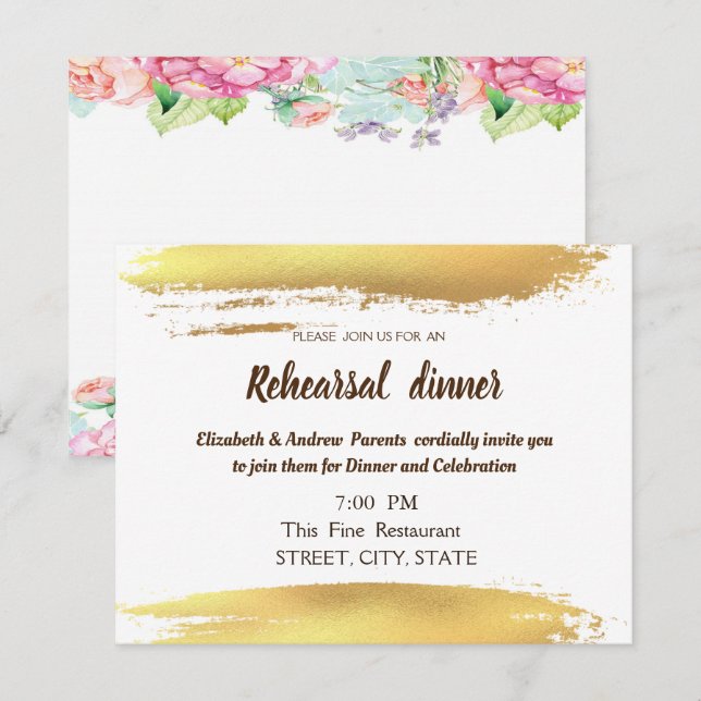 Convite Pincelada de Flores Jantar de Ensaios do Casamento (Frente/Verso)