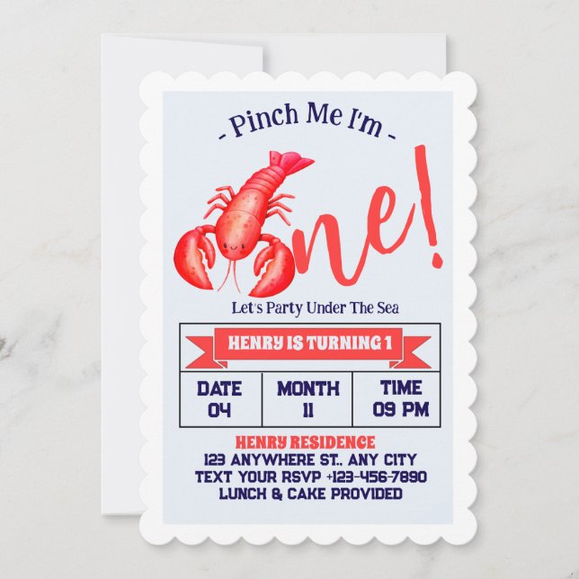 Convite Pinch Me, I'm One Lobster Boy 1st Birthday Party (Frente)