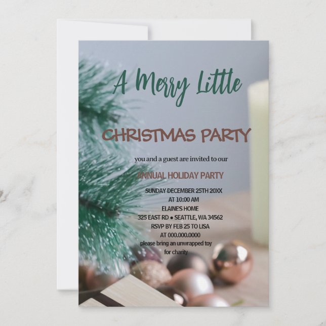 Convite pine and Ornaments Merry Little christmas party  (Frente)