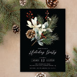 Convite Pine Branch Winter Botanical Holiday Party<br><div class="desc">Este elegante convite para festas de Natal apresenta um belo ramo de pinheiros, flores brancas, bagas ocas e pinecone em fundo preto. O convite é perfeito para convidar seus amigos e família para um encontro festivo. O design geral é festivo e sofisticado, e o convite é para impressionar seus convidados....</div>