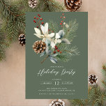 Convite Pine Branch Winter Botanical Holiday Party<br><div class="desc">Este elegante convite para festas de Natal apresenta um belo galho de pinheiros, flores brancas, bagas ocas e pinecone em fundo verde. O convite é perfeito para convidar seus amigos e família para um encontro festivo. O design geral é festivo e sofisticado, e o convite é para impressionar seus convidados....</div>