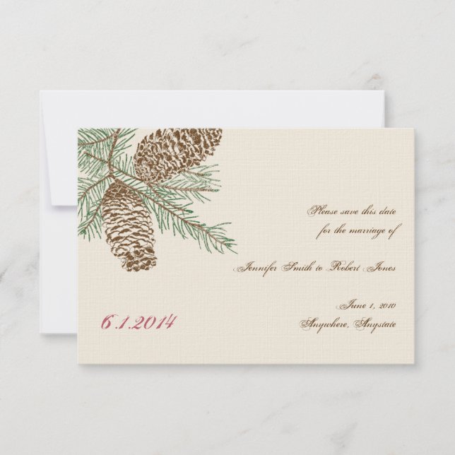 Convite Pine Cone Nature em Creme Casamento Save the Date (Frente)