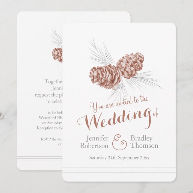 Convite Pine cones de arte casamento no inverno marrom (Frente/Verso)