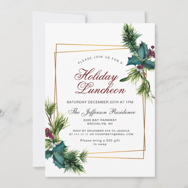 Convite Pine Cones Holly Frame Natal Feriado Lunchedo (Frente)