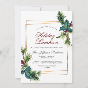 Convite Pine Cones Holly Frame Natal Luncheon