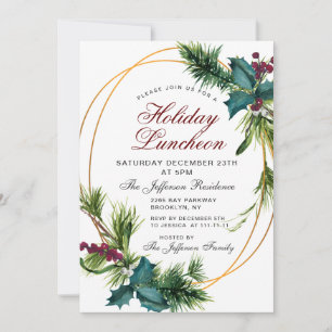 Convite Pine Cones Holly Frame Natal Luncheon