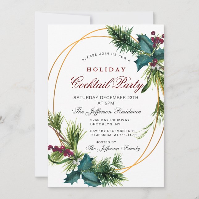 Convite Pine Cones Holly Natal Falido Cocktail (Frente)