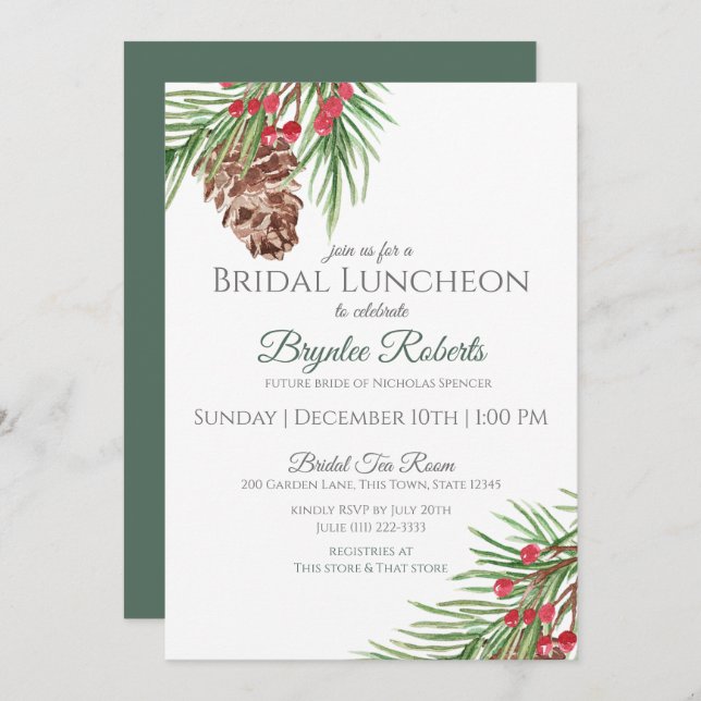 Convite Pine e Berries Winter Bridal Luncheon (Frente/Verso)