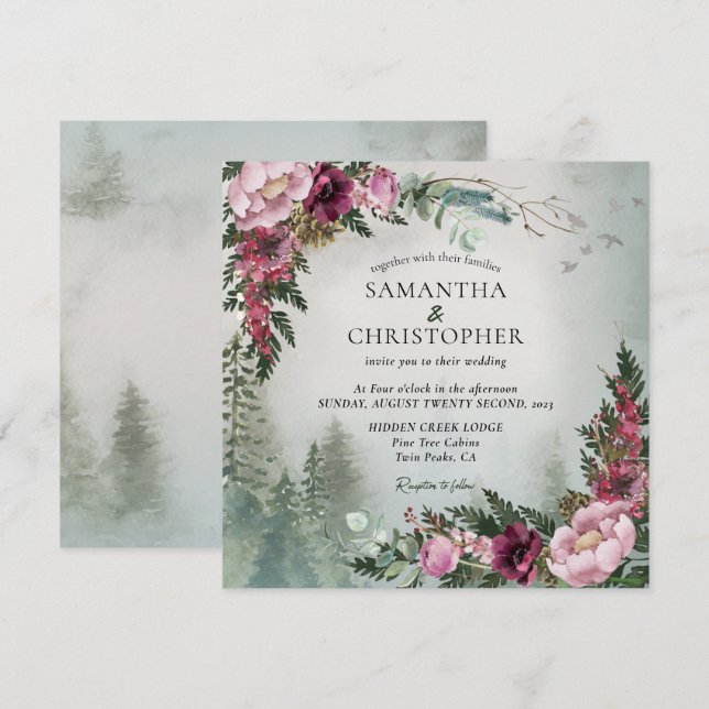 Convite Pine Forest Rosa Poeirento Aquarela Casamento (Frente/Verso)