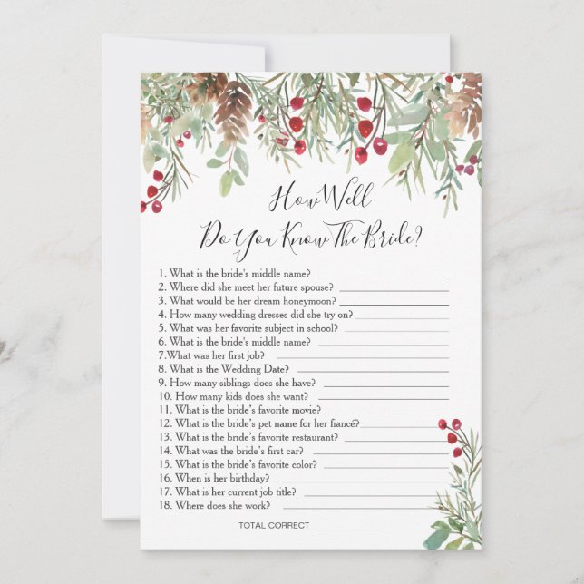 Convite Pine Greenery, como você conhece o jogo da noiva? (Frente)