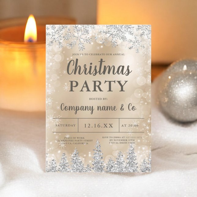Convite Pine ouro de prata de inverno no Natal (Winter silver snow pine gold corporate Christmas Invitation)